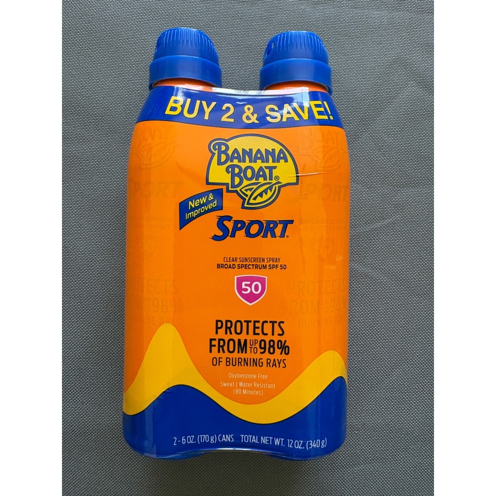 Banana Boat Sport Ultra SPF 50 Clear Sunscreen Spray 2 Pack 6oz Cans Total 12oz